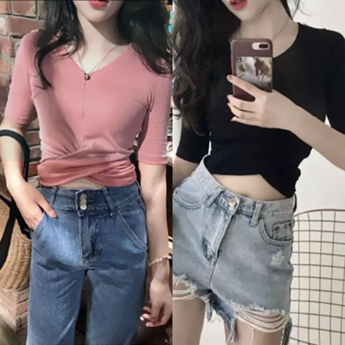 Áo thun croptop xoắn eo tay ngắn cực đẹp, vải gân mịn dày