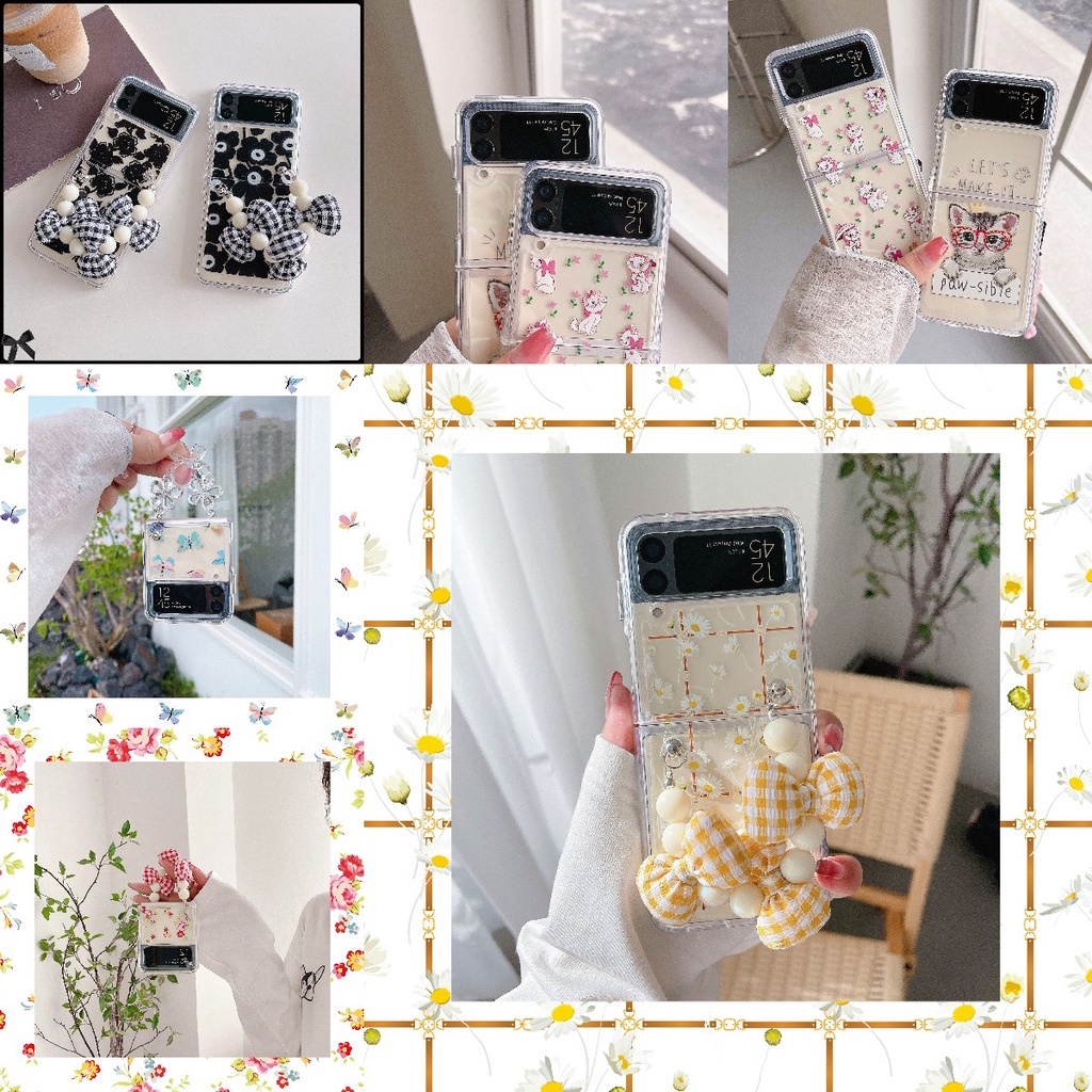 Ốp Điện Thoại PC Cứng Chống Sốc Có Thể Gấp Gọn Phối Mặt Dây Hình Hoa / Nơ Cho Samsung Galaxy Z Flip 4 5G