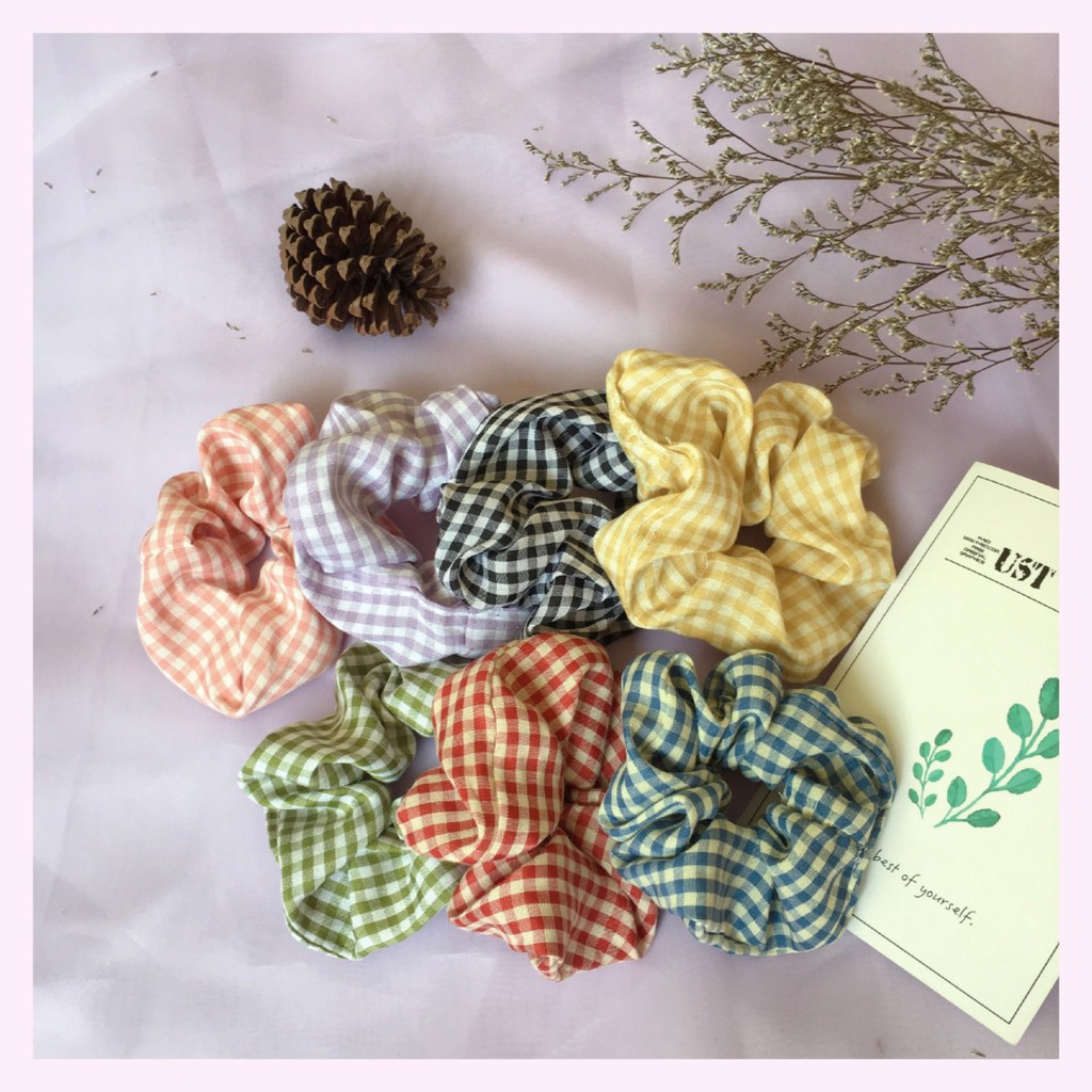 Sỉ lẻ Scrunchies kẻ caro phong cách vintage Hàn Quốc nhiều màu siêu dễ thương - Chun tóc + vòng tay đẹp độc lạ