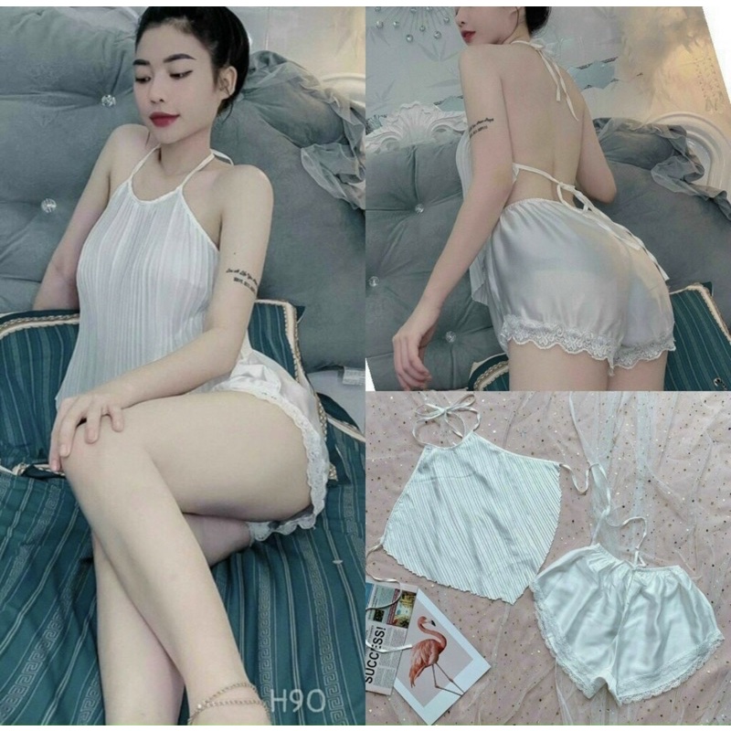 đồ ngủ sexy , bộ đồ ngủ áo yếm buộc dây dập ly quyến rũ