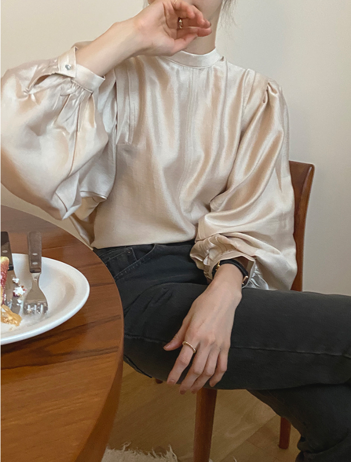 Áo kiểu nữ dài tay cổ tròn xếp ly thời trang