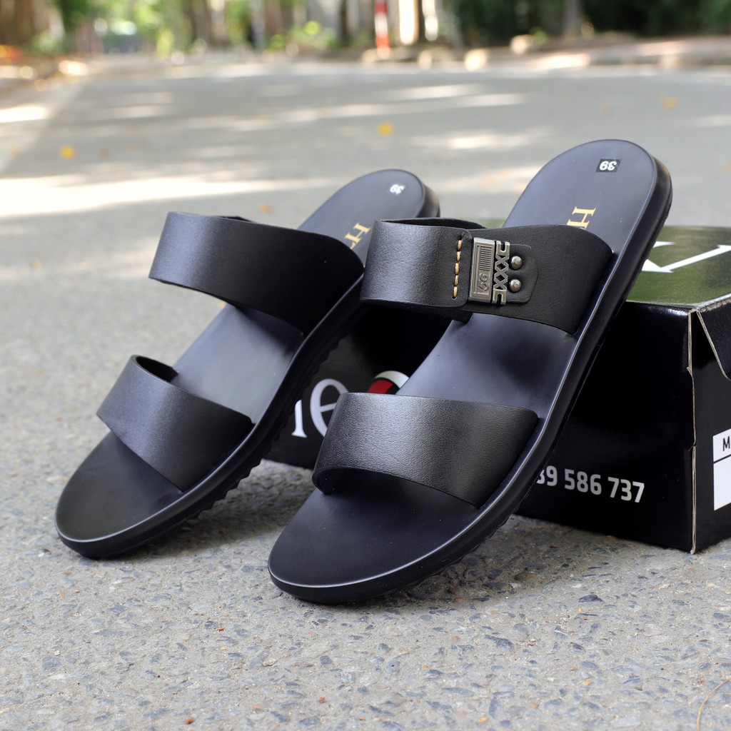 Dép nam da bò màu đen và nâu, đế cao su mềm - HT.NeO