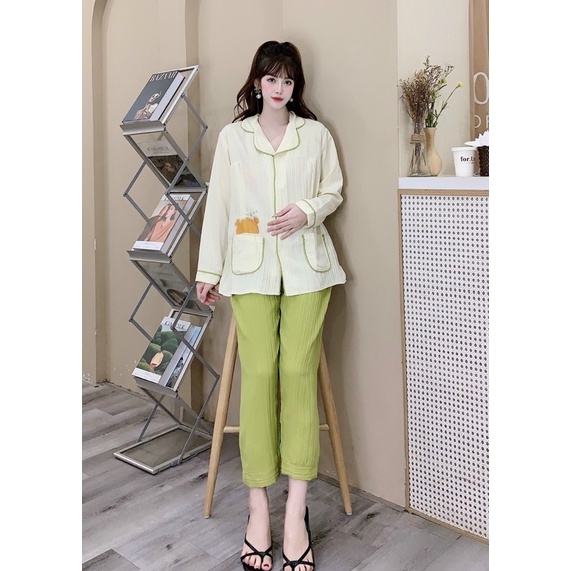 Bộ Pijama Chất Đũi Xốp Viền Kẻ Phối Màu Siêu Xinh, Bộ mặc nhà có khoá kéo