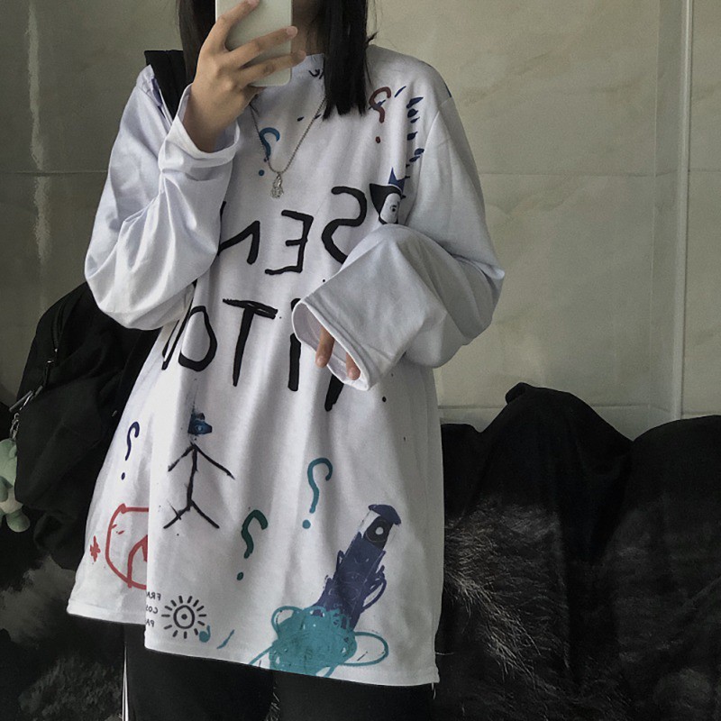 Áo thun tay dài cổ tròn in họa tiết graffiti cá tính