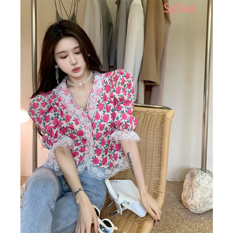 Áo Sơ Mi Phối Ren Hoa Thời Trang Mùa Hè Vintage Cho Nữ