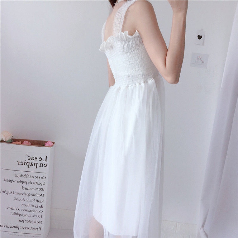Spring and Summer New Temperament Mesh Strap Dress Fairy Dress for Female Students Korean Style Soft Girl Fresh Mid-Length
