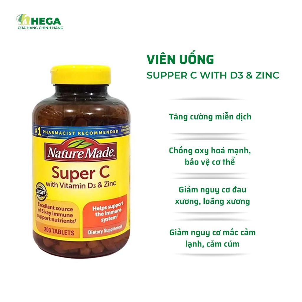 Viên Uống Tăng Cường Miễn Dịch Nature Made Supper C, Vitamin D3 & Kẽm Hộp 200 Viên