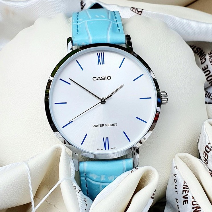 Đồng Hồ Casio Nữ LTP-VT01L-7B3UDF Dây Da Màu Xanh - Nền Mặt Trắng - Vạch Giờ Màu Xanh 🔥 Cam Kết Hàng Chính Hãng 🔥