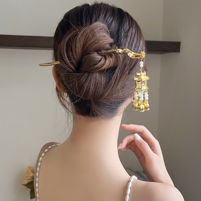 Trâm cài tóc Haimeikang bằng tre và hợp kim cao cấp thiết kế tua rua phong cách retro