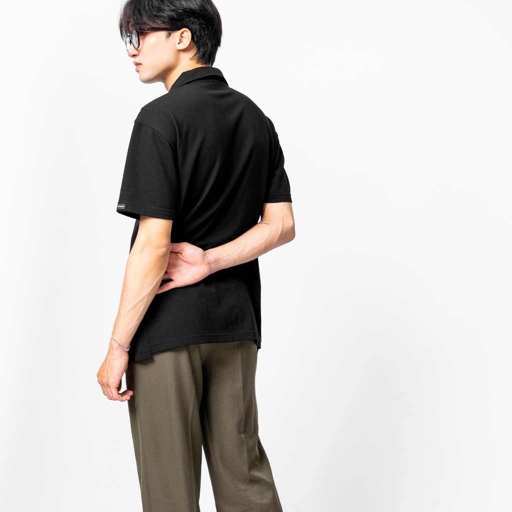 Áo polo cổ vest khuy bọc màu đen chất cá sấu CVC thoáng mát