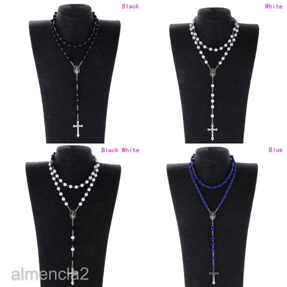 Mens Hip 8mm Bead Rosary Pray Hand Jesus Cross Pendant Necklace Black