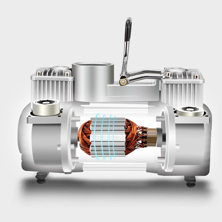 Bơm lốp ô tô loại mạnh 2 motor, 2 xi lanh, đo áp suất lốp loại mạnh, kèm theo dây kích bình, có đèn led và đồng hồ đo áp