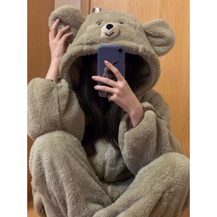 Khoác Lông Gấu Màu Be Chất Lông Dày Nam Nữ Unisex Dáng Rộng Form To