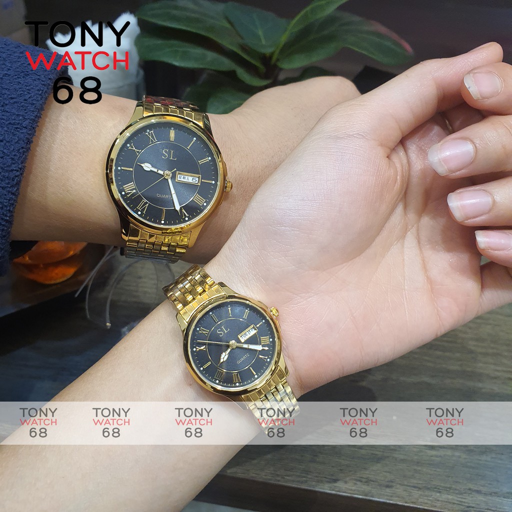 Đồng hồ đôi cặp nam nữ đeo tay SL dây vàng chính hãng cao cấp có lịch chống nước đẹp