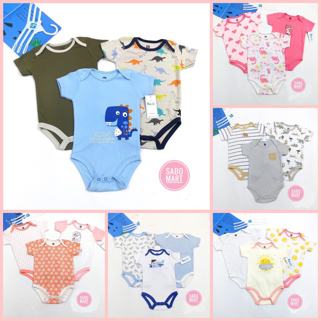 (CHỌN MẪU) Set 3 Bodysuit Body Chip Cộc Tay Kèm Móc Hàng VN Xuất Dư Cho Bé Siêu Đẹp