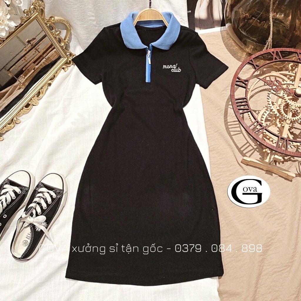 Đầm Váy Body CỔ POLO DÂY KÉO Dáng Xoè Thêu Chữ Đẹp Thun Gân Kiểu Sexy Nữ, Đầm Thun Ôm Body Đẹp GOVA