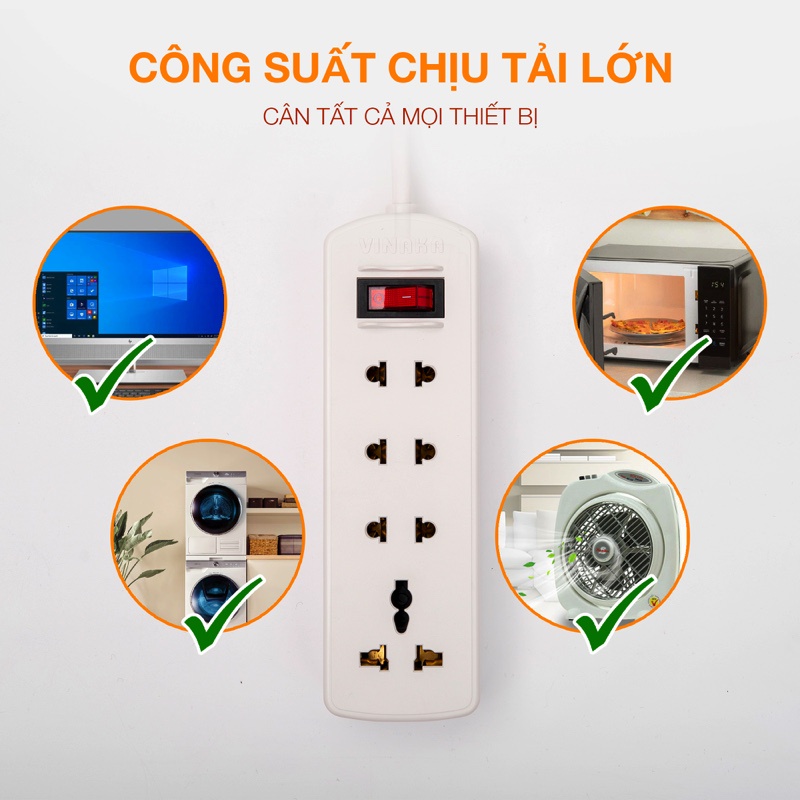 Ổ cắm điện 4 lỗ 3 chấu VINAKA chịu tải 2500W công tắc bật tắt cao cấp E4T