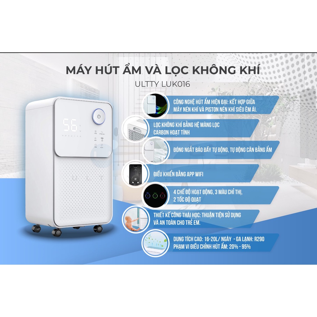 Máy Hút Ẩm Lọc Không Khí ULTTY LUK016 - Hàng Chính Hãng bảo hành 2 năm quốc tế - Befoyo