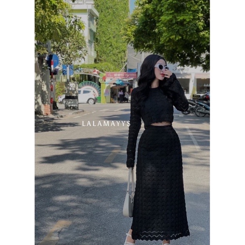 Sét 3 Món Đầm Nỉ Chân Váy Bút Chì dài Kèm Áo croptop tay dài hình sàn thật