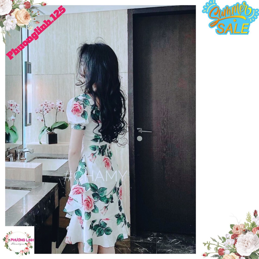 VÁY TRẮNG HOA HỒNG VẠT BÈO ĐUÔI CÁ | BigBuy360 - bigbuy360.vn