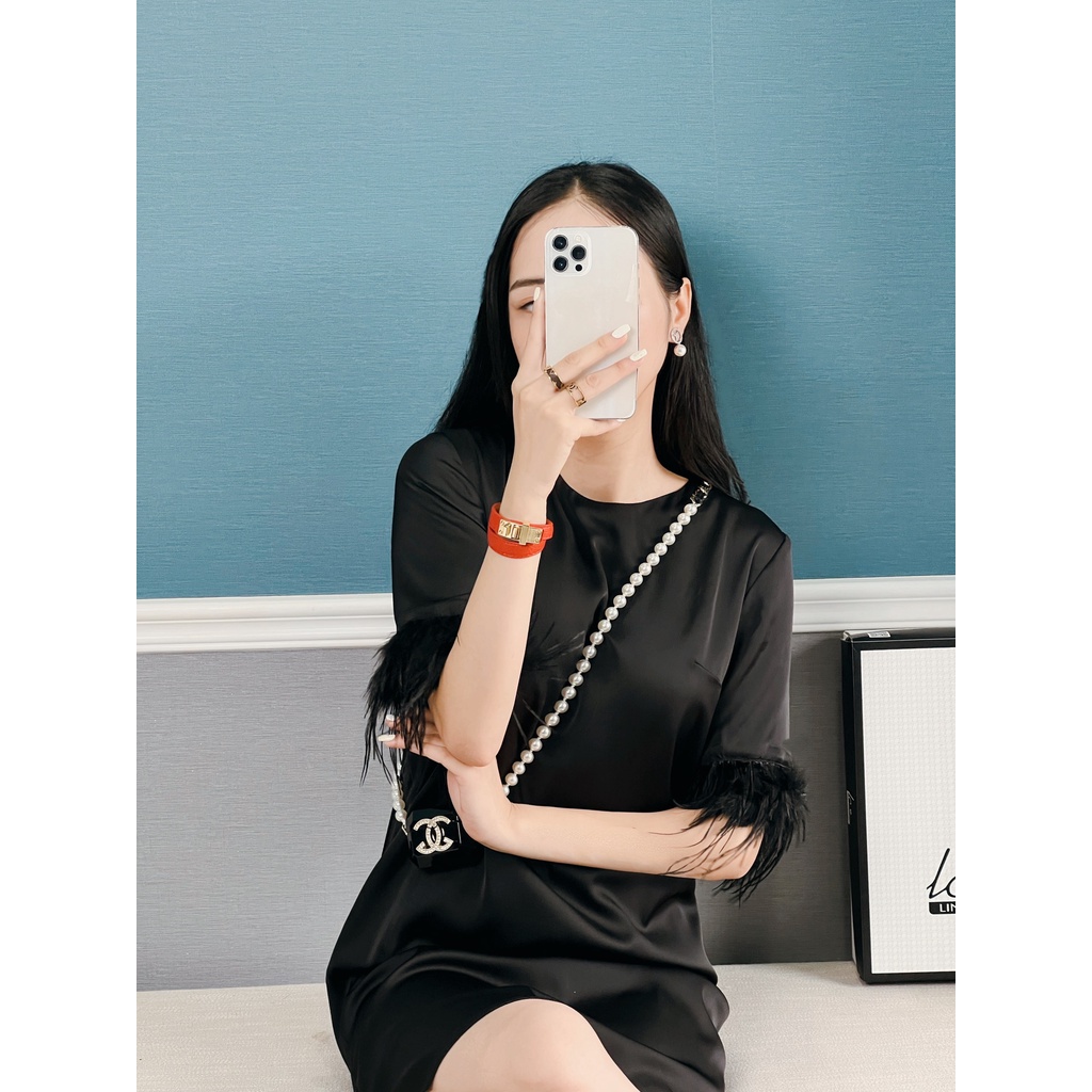 Váy suông lông vũ đen LinCi Couture