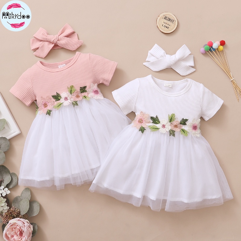 Đầm công chúa MIKRDOO tay ngắn đính hoa thêu + băng đô thiết kế thời trang phong cách mùa hè cho bé gái 0-3 tuổi