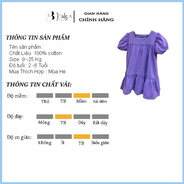 Váy Tay Bồng BB KIDS Chất Cotton Cho Bé Màu Tím Mộng Mơ