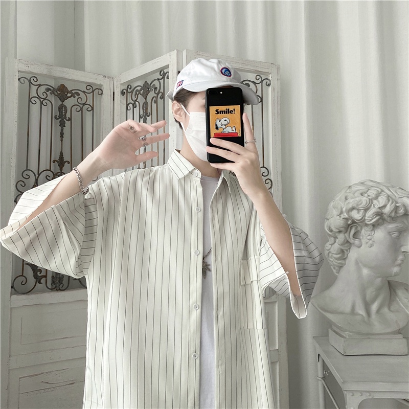 Áo Sơ Mi Tay Ngắn Dáng Rộng Họa Tiết Kẻ Sọc Thời Trang Mùa Hè Cho Nam Size M-3XL