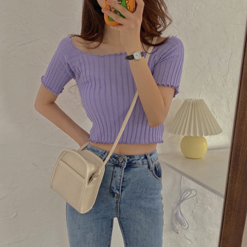 Áo Thun Dệt Kim Tay Ngắn Hở Vai Màu Trơn Thời Trang Mùa Hè Quyến Rũ Dành Cho Nữ