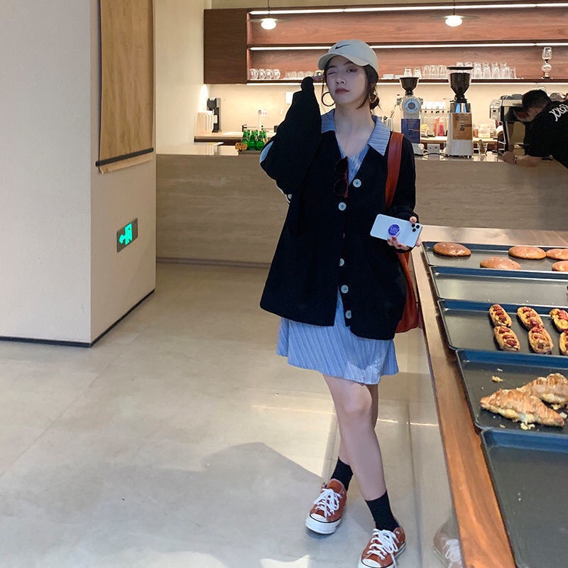 2021 new early autumn loose knit sweater black coat cardigan women