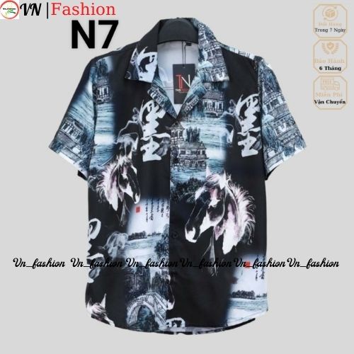Áo sơ mi tay ngắn nam nữ form rộng cổ vest họa tiết vải lụa chéo mịn, thoáng mát Vn_fashion