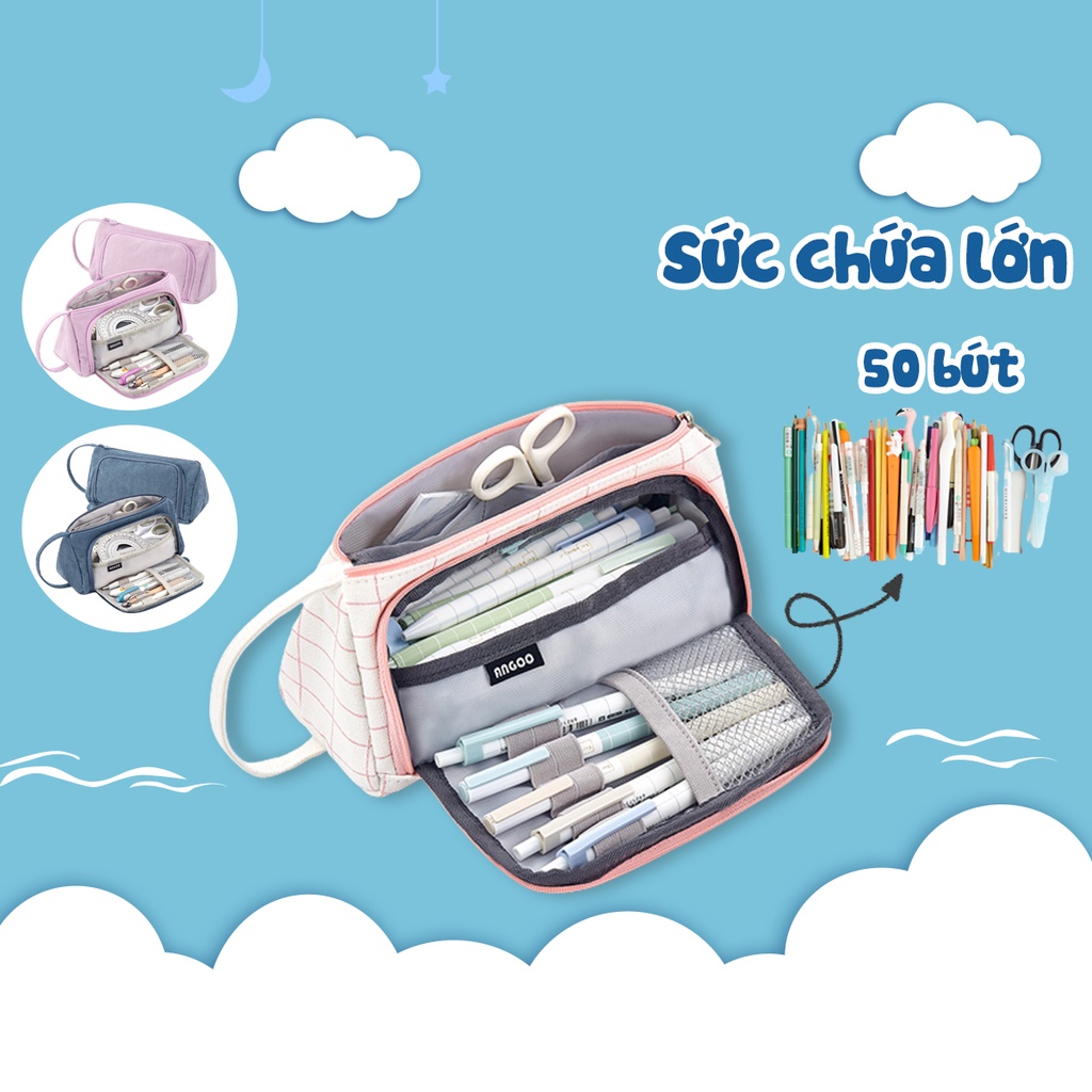 Hộp bút vải canvas Angoo túi bút double pen case bóp viết nhiều ngăn đa năng phong cách hàn quốc 7 màu tùy chọn