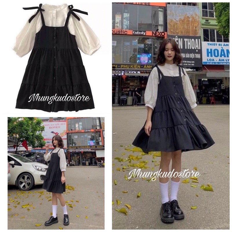 Set áo sơmi kèm váy yếm cúc | BigBuy360 - bigbuy360.vn