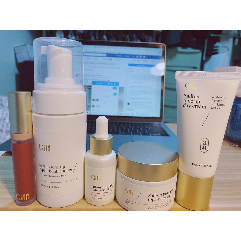 [ Hàng Mới Về] Bộ 4 sản phẩm dưỡng trắng và phục hồi da Gilaa Saffron Tone Up Repair ( Tặng son Gilaa )