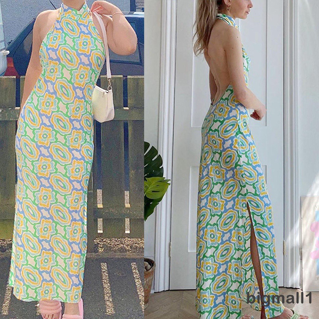 Bigmall-đầm Maxi Cổ Đứng Mỏng Mùa Hè Họa Tiết In Xẻ Tà Màu Xanh Lá Cây (Một Mảnh)