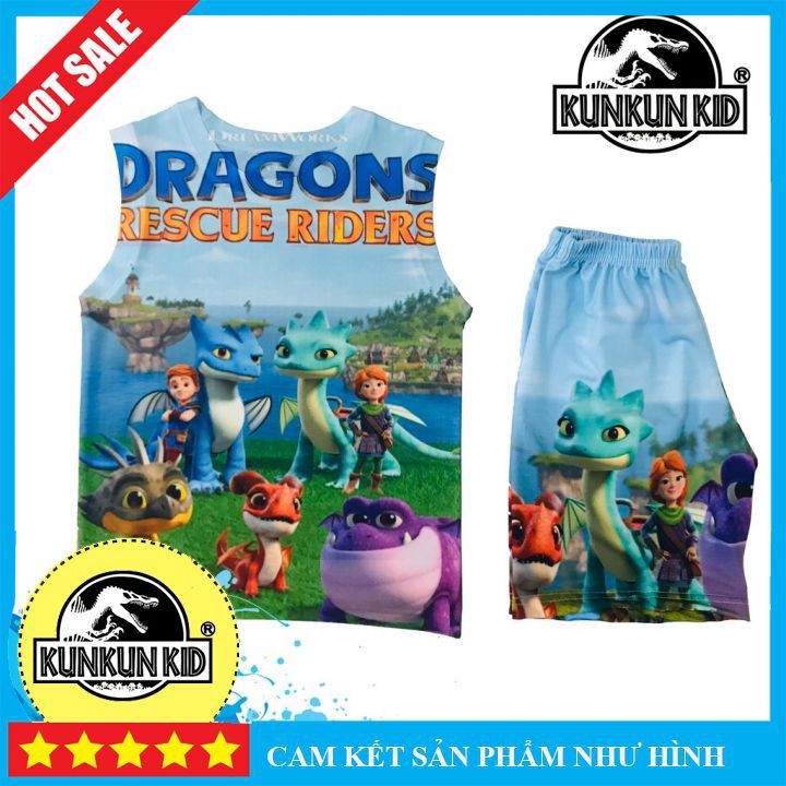 Quần áo trẻ em in 3D khủng long size đại từ 10-60kg KunKun BL143 - Bộ ba lỗ bé trai thun lạnh co giãn 4 chiều cao cấp