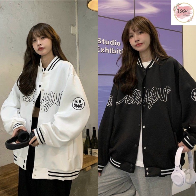 Áo Bomber nam nữ unisex  , Áo khoác nỉ bông mặt cười form rộng phong cách Hàn quốc, sẵn 2 màu đen trắng Freesize