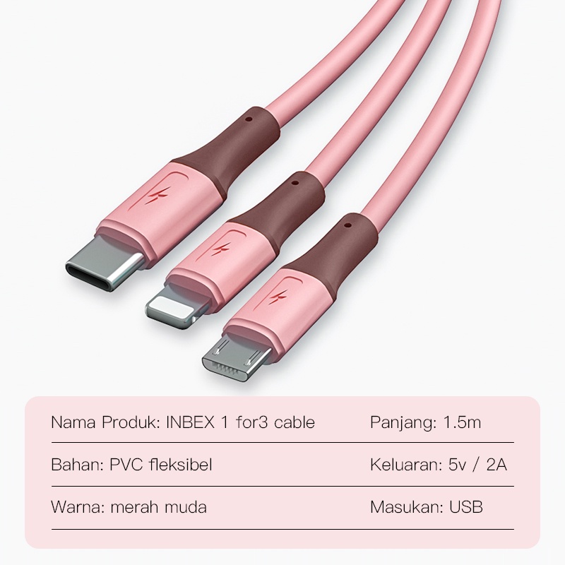 Dây Cáp Sạc Và Truyền Dữ Liệu 3 Trong 1 Dài 1.5m Cổng Micro Usb Sang Type-C Lightning Màu Hồng