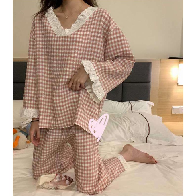 Bộ Đồ Ngủ Tay Dài Phối Ren Họa Tiết Caro Phong Cách Hàn Quốc Thời Trang Xuân Thu Cho Nữ