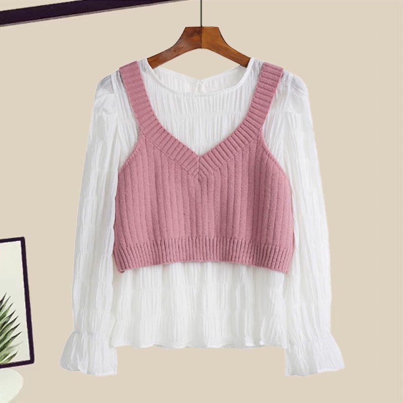 COZOK Set áo sơ mi voan tay dài và áo len không tay phong cách Hàn Quốc