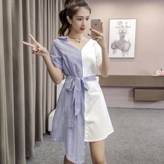 Đầm sơ mi phối sọc lệch tà (kèm hình thật)