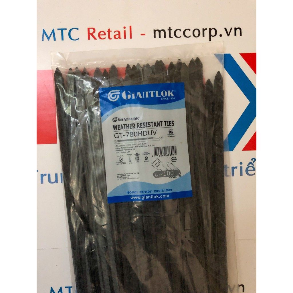 Túi 100 Dây thít, dây rút nhựa màu đen 780×9.0mm chống tia UV GT780HDUV nhập khẩu Giantlok-Thái Lan