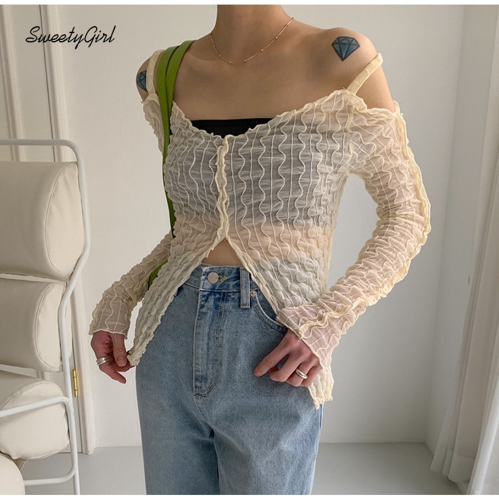 Áo thun trễ vai tay dài màu sắc ngọt ngào dành cho nữ