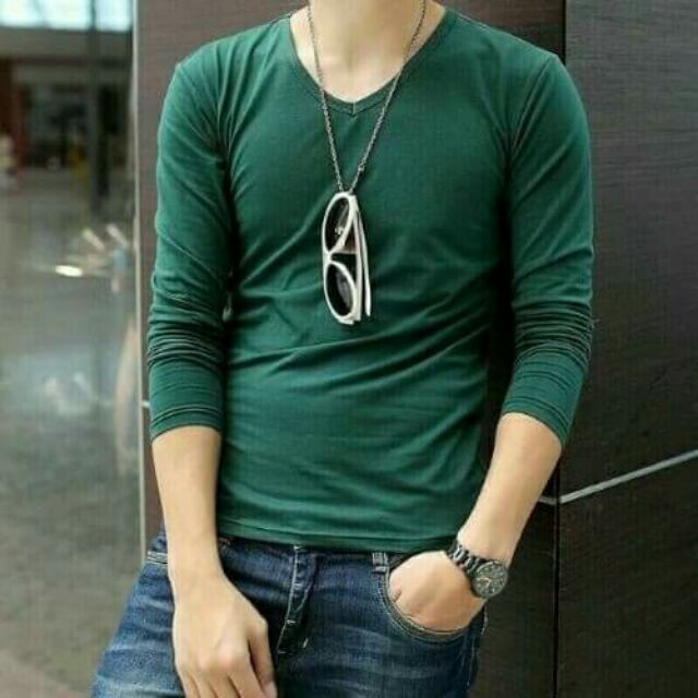 Áo thun cổ tim tay dài nam màu xanh rêu - XR02