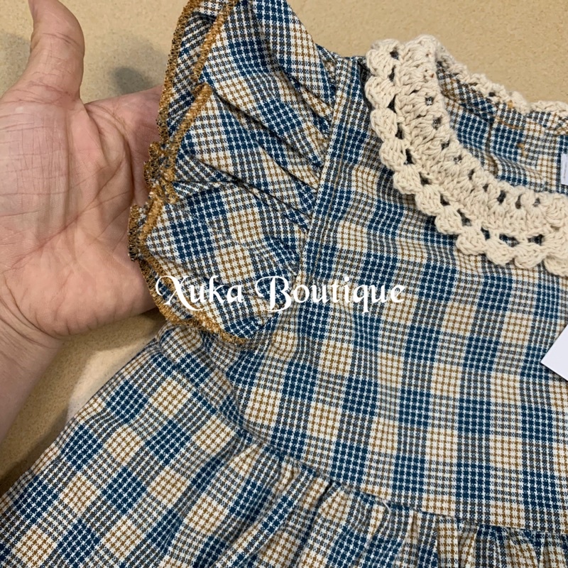 Bộ Quần Áo Trẻ Em Cao Cấp Bebe Organic |Set Áo kèm Quần Cổ Tròn Tay Cánh Tiên Kẻ Caro Bé Gái (Ảnh thật)