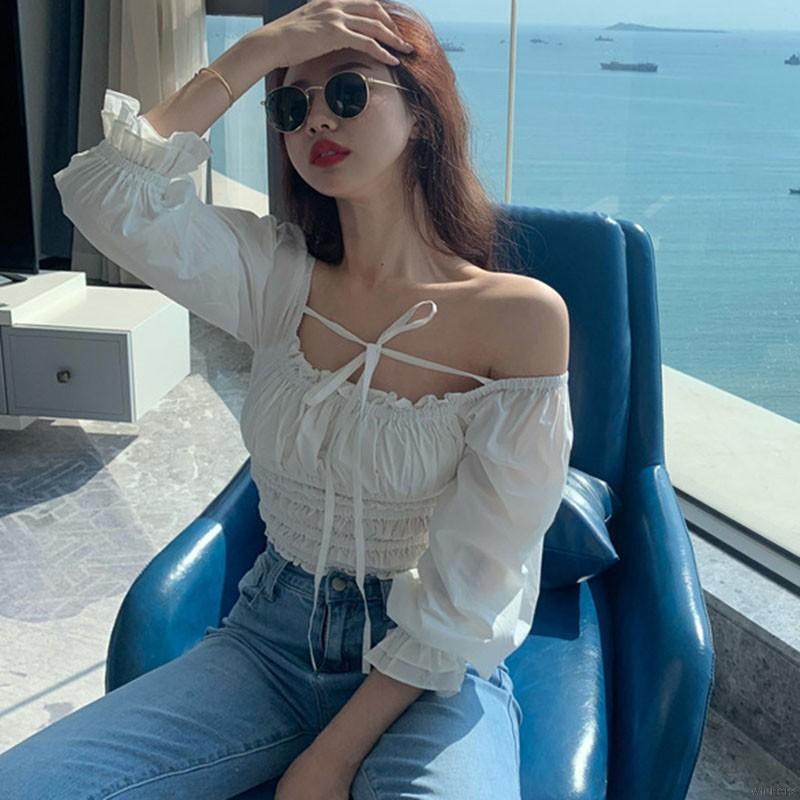 Women's Sweet Korean Slim Sexy Navel Bubble Long Sleeve Chiffon Shirt | BigBuy360 - bigbuy360.vn