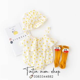 Set body hai dây chấm bi vàng kèm mũ dành cho bé gái