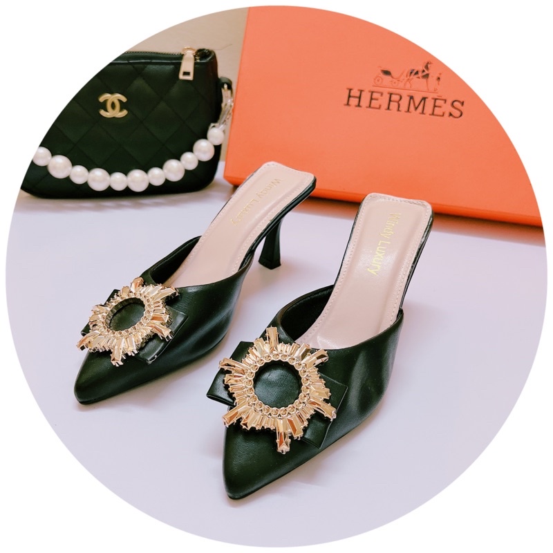 Giày sục cao gót 7p mũi nhọn da lì tag Tròn vàng xinh xỉu