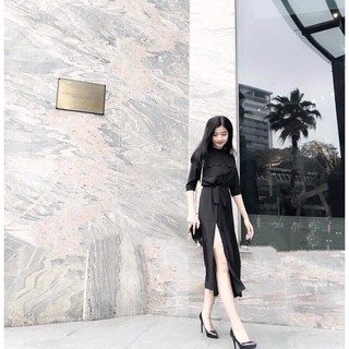 Đầm Dạo Phố Váy Đen DÀi Nút Bọc