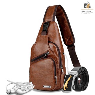 MUA 1 ĐƯỢC 3 TC02 Combo Gồm Túi Đeo Chéo Nam Có Cổng Sạc Điện Thoại, Lỗ Tai Nghe+ Thắt Lưng Da+ Ví+ Tai Nghe